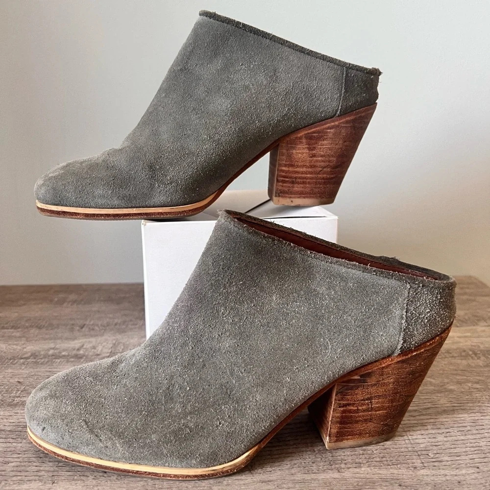 Rachel Comey Grey Suede Clogs Wooden Stacked Heel 7